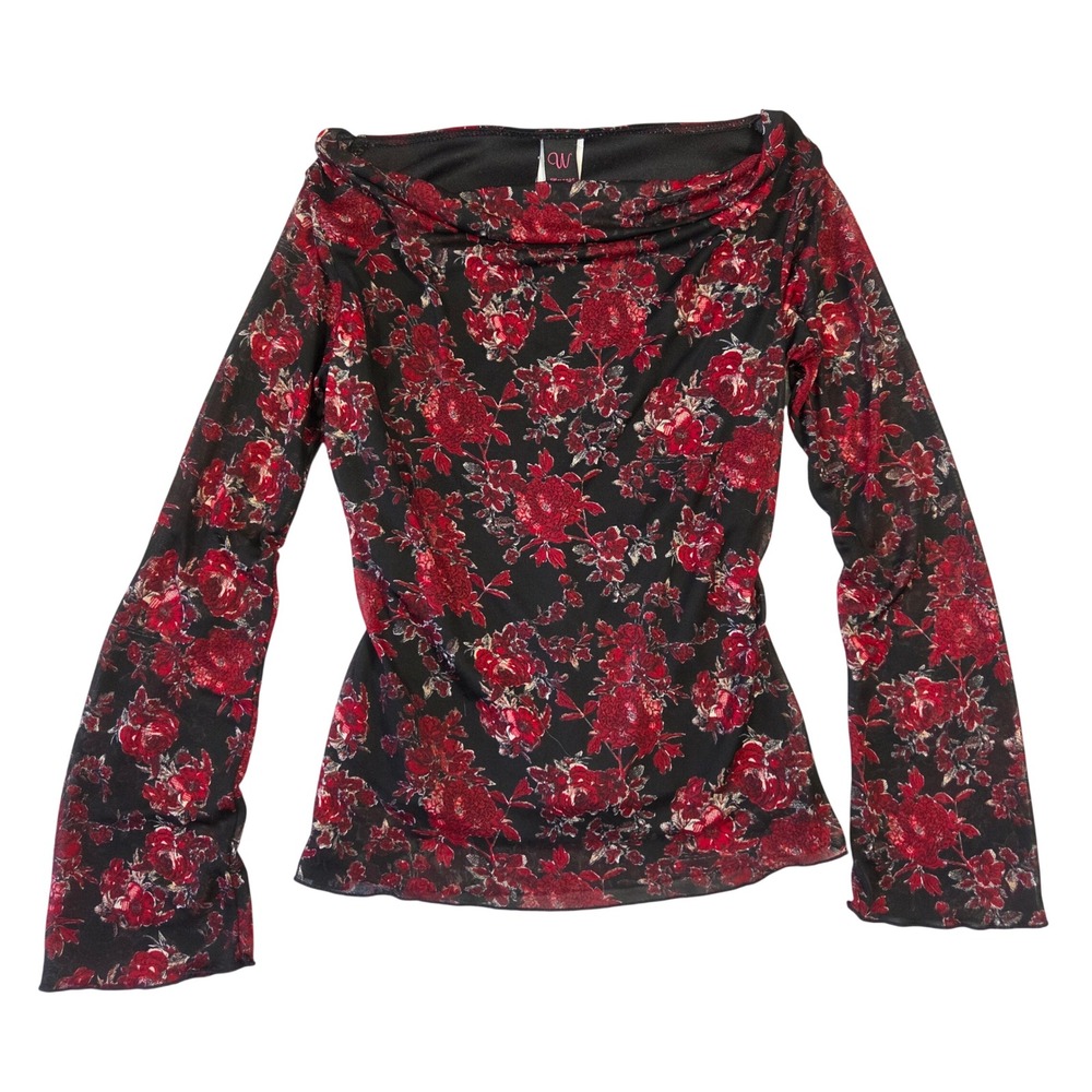 Wrapper Floral Mesh Off The Shoulder Top Black Romantic Y2K Blouse 2000s Bratz